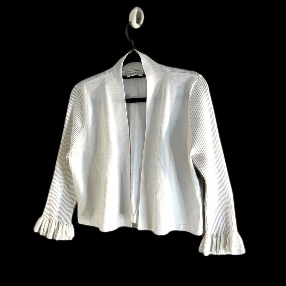 Calvin Klein White Ruffled 3/4 Sleece Open Cardigan M